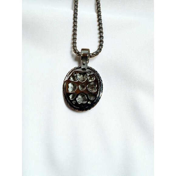Silver-Tone Pendant Necklace With Rhinestone Pave Round Charm 18" Adjustable Cha - Picture 5 of 8
